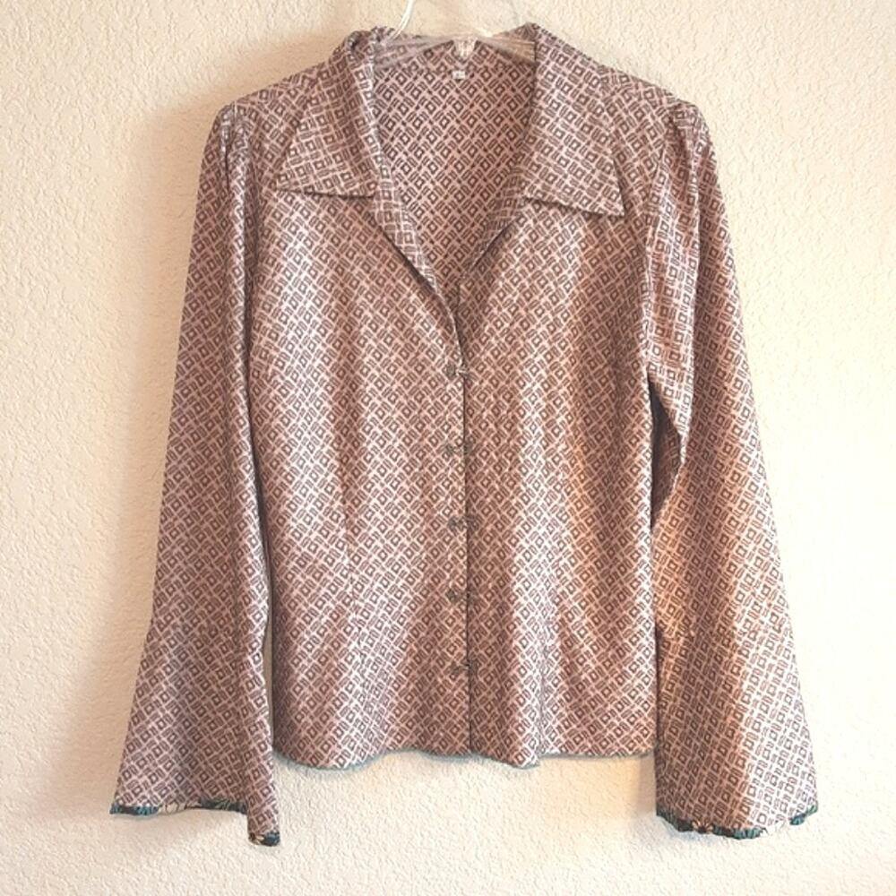 Johnny Was Biya Collection 100% Silk Flare Cuff Hook Close Light Shirt Jacket  L